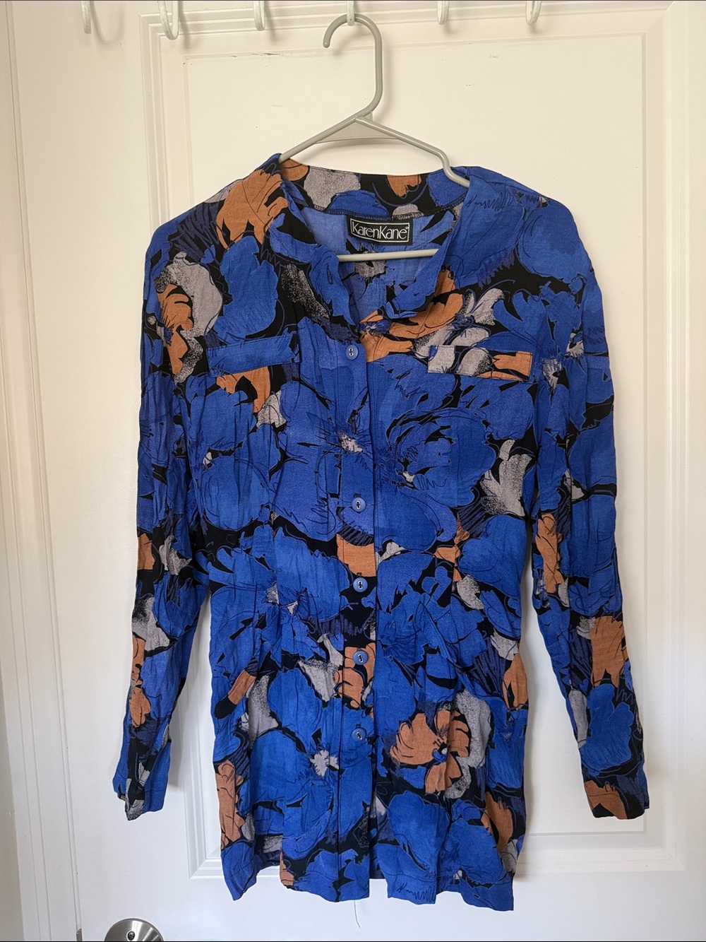 Karen Kane Blue Floral Button-Down Shirt with Tan Accents